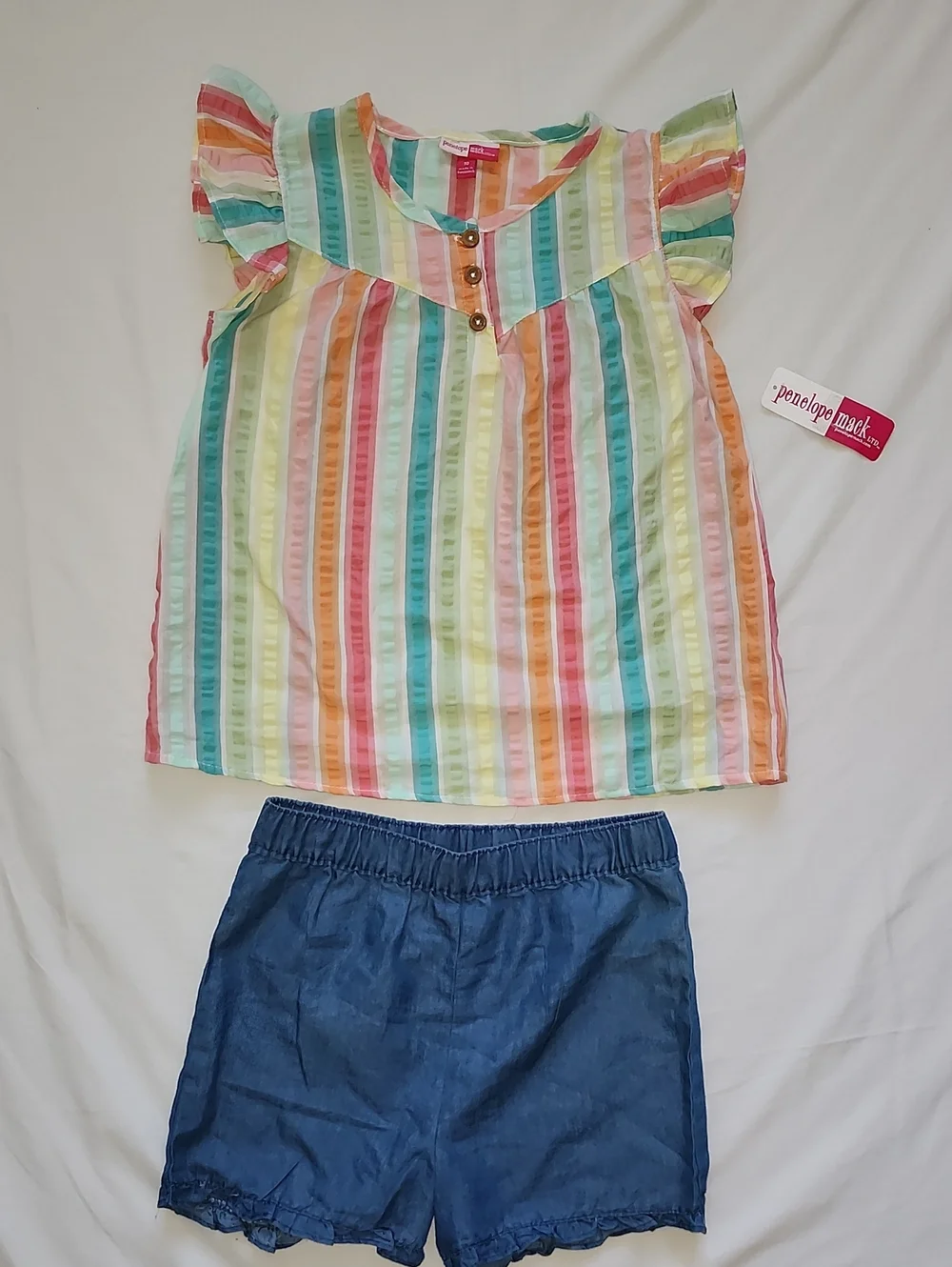 NWT Penelope Mack Girls Rainbow Striped Flutter Sleeve Top & Denim Shorts Set 10